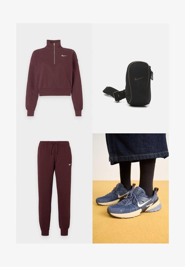 Bordový sveter na zips s vysokým golierom, skrátený strih, rebrované manžety a spodný lem, s bielym logom Nike na hrudi.; Bordové tepláky s elastickým pásom a šnúrkou. Majú rebrované manžety a malé biele logo Nike na ľavom stehne. Hladká textúra.; Námornícke modré športové topánky s vrchnou časťou z sieťoviny a semišu, bielym logom a vrstvenou podrážkou. Nosia sa s tmavými ponožkami a džínsovou sukňou.; Čierny Nike puzdro so zipsovým uzáverom, textúrovaná látka, hnedé akcenty a odnímateľný popruh. Na prednej strane je umiestnené výrazné logo Nike.
