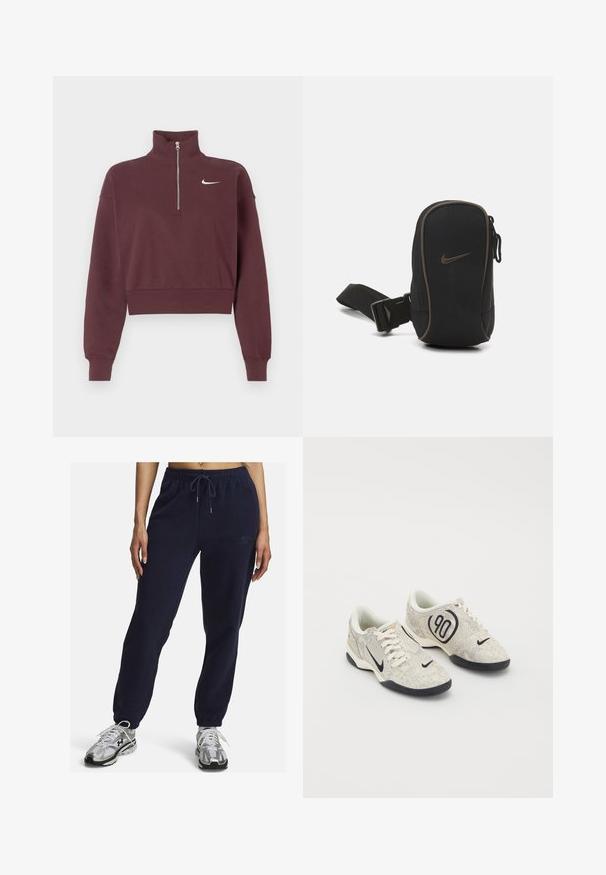 Bordo zip-up dukserica z visokim ovratnikom, skraćeni dizajn, rebraste manžete i donji rub, s belim Nike logotipom na grudima.; Temno modri flis hlače za prosti čas z elastičnim pasom, vrvico in manšeto na gležnjih. Imajo subtilno vezeno logo na strani.; Nike superge z zgornjim delom v bež in sivi teksturi, črnimi detajli, velikim logotipom "90" in belim vezalnim zapiranjem. Črn podplat.; Črn Nike etui z zadrgo, teksturirano blago, rjavi poudarki in odvojljiv pas. Ima izrazit Nike logo spredaj.