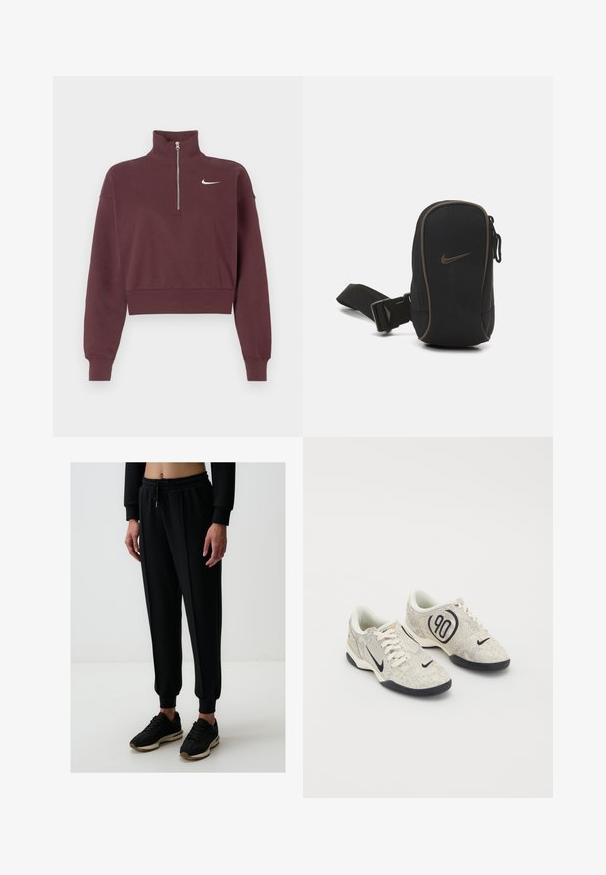 Bordeaux rits-uptoe sweatshirt met hoge kraag, cropped ontwerp, geribbelde boorden en zoom, met een wit Nike-logo op de borst.; Jimmy Key HIGH WAIST JOGGER - Trainingsbroek - black; Nike sneakers met een beige en grijze textuur bovenkant, zwarte accenten, een groot "90" logo en een witte vetersluiting. Zwarte zool.; Zwarte Nike pouch met ritssluiting, gestructureerde stof, bruine accenten en een afneembare schouderband. Voorzien van een opvallend Nike-logo aan de voorkant.