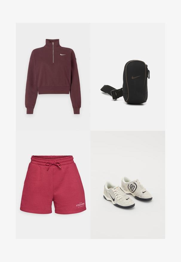 Burgunderfarget zip-up hettegenser med høy krage, cropped design, ribbestrikkede mansjetter og hem, med en hvit Nike-logo på brystet.; Burgunderfargede bomullsblandingsshorts med elastisk midje og snøring. Har sidelommer og hvit trykt logo foran.; Nike-sko med en beige og grå teksturert overflate, svarte detaljer, en stor "90" logo, og en hvit snøring. Svarte såler.; Svart Nike-pung med glidelås, teksturert stoff, brune detaljer og avtakbar stropp. Har en fremtredende Nike-logo på fronten.