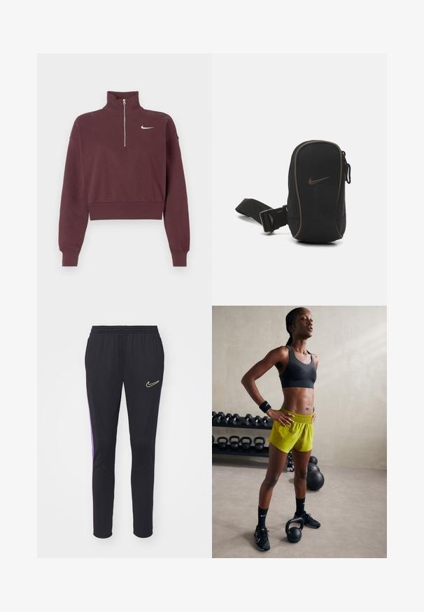Maroonowa rozpinana bluza z wysokim kołnierzem, krótki fason, ściągacze u rękawów i u dołu, z białym logo Nike na klatce piersiowej.; Czarna sportowa spódnica z elastycznym pasem, z fioletowym paskiem po boku oraz małym żółtym logo Nike na lewej biodrze.; Czarny stanik sportowy, jasne żółte szorty z elastycznym pasem, czarne buty sportowe i opaski na nadgarstki, stojące obok kettlebelli.; Czarna saszetka Nike z zamknięciem na zamek, teksturowany materiał, brązowe akcenty i odczepiany pasek. Na przedzie widnieje wyraźne logo Nike.