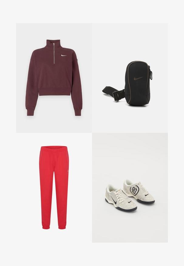 Bordeauxroter Zip-Hoodie mit hohem Kragen, cropped Design, gerippten Bündchen und Saum, mit einem weißen Nike-Logo auf der Brust.; Rote Sweatpants aus weichem Stoff, mit elastischem Bund und Bündchen an den Knöcheln, sowie einem kleinen, weißen Logodetail an der Seite.; Nike-Sneaker mit einem beigen und grauen texturierten Obermaterial, schwarzen Akzenten, einem großen "90"-Logo und einer weißen Schnürverschluss. Schwarze Sohle.; Schwarze Nike-Tasche mit einem Reißverschluss, strukturiertem Stoff, braunen Akzenten und einem abnehmbaren Tragegurt. Auf der Vorderseite befindet sich ein markantes Nike-Logo.