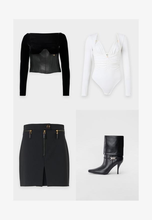 Černý dlouhý rukáv top s strukturovaným koženým korzetem s hladkým povrchem, širokým výstřihem a zlatým akcentem na boku.; Bílý body s dlouhým rukávem, na přední straně nařasený, s hlubokým V výstřihem a jemnými zlatými zdobeními na ramenou. Hladká, elastická tkanina.; Černá mini sukně se strukturovaným střihem, zdobená zlatými prvky, dvěma kapsami na zip a předním rozparkem pro větší detaily.; Černé kožené kotníkové boty s špičatou špičkou, vysokým stiletto podpatkem, ohrnovací manžetou a zlatým ozdobným přezkovým detailem na kotníku.