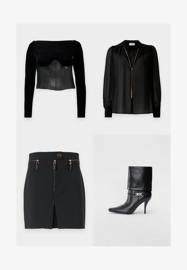 Černý dlouhý rukáv top s strukturovaným koženým korzetem s hladkým povrchem, širokým výstřihem a zlatým akcentem na boku.; Černá průhledná blůza s dlouhým rukávem a širokým límcem, se zlatým řetízkem s přívěskem s třásněmi visícím vpředu.; Černá mini sukně se strukturovaným střihem, zdobená zlatými prvky, dvěma kapsami na zip a předním rozparkem pro větší detaily.; Černé kožené kotníkové boty s špičatou špičkou, vysokým stiletto podpatkem, ohrnovací manžetou a zlatým ozdobným přezkovým detailem na kotníku.
