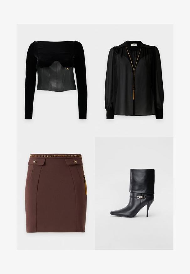 Juodas ilgomis rankovėmis marškinėliais su struktūrizuotu odiniu priekiniu kirpimu, lygiu paviršiumi, plačiu iškirpimu ir auksiniu akcentu šone.; Juoda permatoma ilgomis rankovėmis bliuzė su plačia apykakle ir auksiniu grandininiu kaklo papuošalu su kutu, kabančiu priekyje.; Ruda prigludusi mini sijonas su auksiniu grandinės diržu, dekoratyvinėmis mygtukų sklendėmis ir auksinių franjų detale ant vientiso fono.; Juodos odinės kulkšninių botų su smailiu nosiu, aukštu stiletto kulnu, apvyniojamu kraštu ir auksine dekoratyvine sagtimi prie kulkšnies.