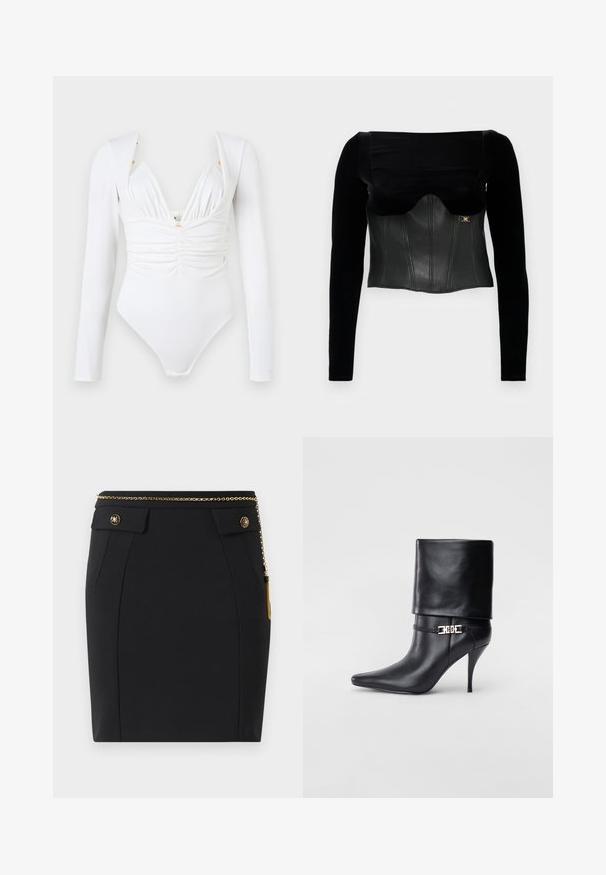Czarna bluzka z długim rękawem z lekko usztywnioną skórzaną częścią górną o gładkiej fakturze, szerokim dekoltem i złotym akcentem z boku.; Biały body z długim rękawem, z marszczeniem z przodu, głębokim dekoltem w kształcie V oraz subtelnymi złotymi zdobieniami na ramionach. Gładki, elastyczny materiał.; Czarna dopasowana spódnica z przednimi kieszeniami klapami, złotymi dekoracyjnymi guzikami oraz cienkim złotym paskiem z frędzelkiem po prawej stronie.; Czarne skórzane botki za kostkę z ostrym noskiem, wysokim obcasem w kształcie stiletto, z załamanym mankietem oraz złotym dekoracyjnym zapięciem na kostce.