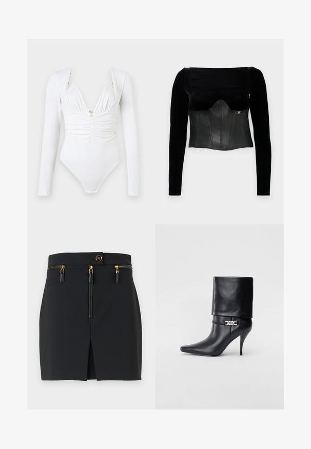 Zwart longsleeve top met een gestructureerd leren bovenstuk met een zachte textuur, een brede halslijn en een gouden accent aan de zijkant.; Witte longsleeve bodysuit met gerimpelde voorkant, diepe V-halslijn en subtiele gouden versieringen op de schouders. Glad, elastisch materiaal.; Zwarte mini rok met een gestructureerde pasvorm, voorzien van gouden hardware, twee ritszakken en een voorknip voor extra detail.; Zwarte leren enkelboot met een spitse neus, hoge stilettohak, opgevouwen manchet en een gouden decoratieve gespdetails op de enkel.