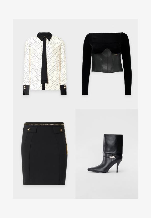 Fekete, hosszú ujjú felső, struktúrált bőr felsőrésszel, sima felülettel, széles nyakkivágással és arany kiegészítővel az oldalon.; Hosszú ujjú blúz elefántcsont színben, fekete geometrikus mintával, kontrasztos fekete gallérral és mandzsettákkal, valamint fekete nyakkendő részlettel. Arany gombok díszítik a mandzsettákat.; Fekete, testhez simuló szoknya elülső zsebekkel, arany díszgombokkal és vékony arany láncból készült övvel, amely jobb oldalon bojt van.; Fekete bőr bokacsizma hegyes orral, magas stiletto sarokkal, hajtott szegéllyel és arany díszcsattal a bokán.