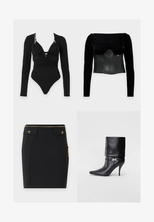Top lungo nero con maniche a lunghezza intera, caratterizzato da un corpetto in pelle strutturata con una superficie liscia, scollatura ampia e un accento dorato sul lato.; Costume intero nero con maniche lunghe, scollatura a V profonda, frontale arricciato e aperture della gamba alte. Texture liscia, minimi dettagli hardware.; Gonna nera aderente con tasche a pattina frontali, bottoni decorativi dorati e una sottile cintura dorata con nappina sul lato destro.; Stivale ankle in pelle nera con punta affusolata, alto tacco a stiletto, risvolto sulla caviglia e un elegante dettaglio in oro con fibbia decorativa.