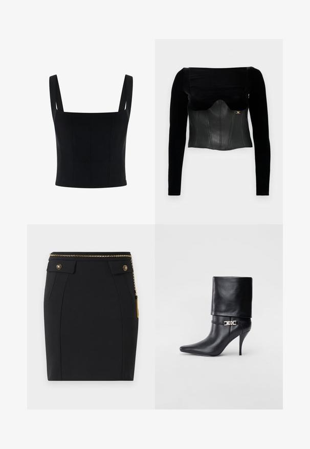 Top lungo nero con maniche a lunghezza intera, caratterizzato da un corpetto in pelle strutturata con una superficie liscia, scollatura ampia e un accento dorato sul lato.; Top nero croppato con spalline larghe, presenta un design strutturato e cuciture verticali per una maggiore forma e dettaglio. Texture liscia.; Gonna nera aderente con tasche a pattina frontali, bottoni decorativi dorati e una sottile cintura dorata con nappina sul lato destro.; Stivale ankle in pelle nera con punta affusolata, alto tacco a stiletto, risvolto sulla caviglia e un elegante dettaglio in oro con fibbia decorativa.