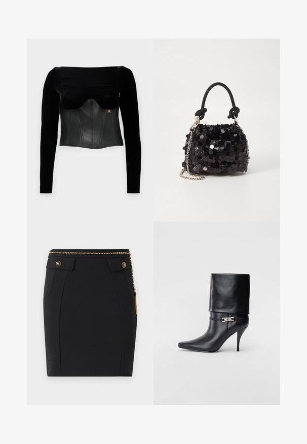 Melnas garām piedurknēm veidotas blūzes, kurai ir strukturēts ādas korpuss ar gludu tekstūru, platais kakls un zelta akcenti sānos.; Melnas piegrieztas svārkus ar priekšējiem kabatām, zelta dekoratīvajiem pogām un plānu zelta ķēdes jostu ar pušķi labajā pusē.; Melnas ādas potīšu zābaki ar smailu purngalu, augstu stiletto papēdi, salocītu aproci un zeltītu dekoratīvu sprādzi uz potītes.; Melna spīguļota mini rokas soma ar mezglotu teksturētu siksniņu un sudraba ķēdi. Apaļa forma ar sakopotām malām un atstarojumu detaļām.