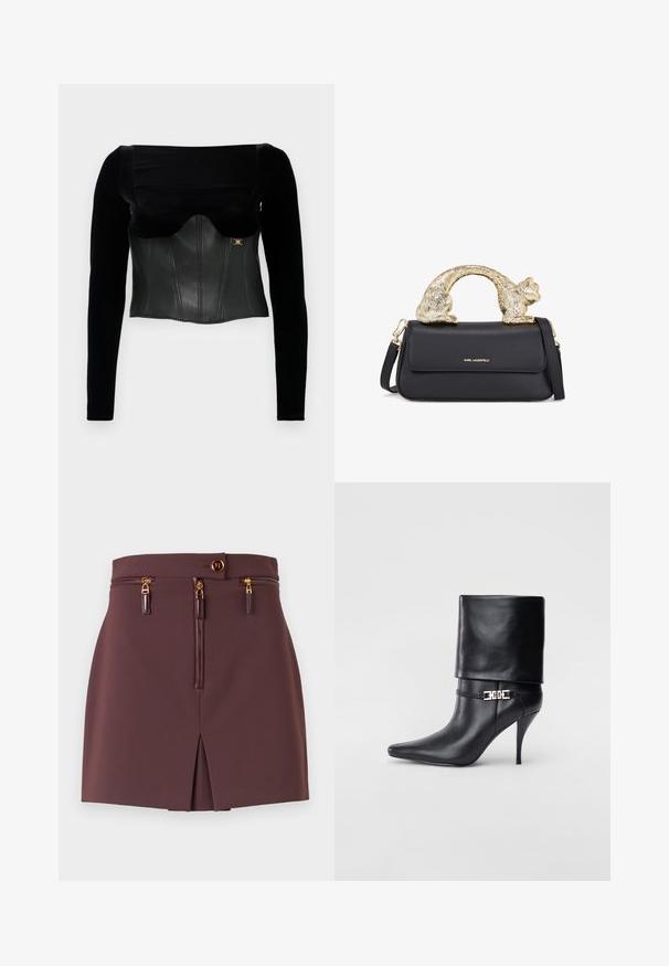 Mustade pikkade varrukatega pluus, millel on struktureeritud nahast eesosa, sile tekstuur, lai kaelus ja kuldne aksessuaar külgedel.; Burgundi mini seelik kitsase lõikega, millel on esine tõmblukk, dekoratiivsed tõmblukud, lõhik ja kuldsed aktsente sisaldav nööbilausung.; Mustad nahast pahkluu saapad terava nina, kõrge stilettokanna, volditud äärega ja kuldse dekoratiivse pandlaga pahkluul.; Must või voodri tasku ja kuldne kassi kujuline käepide, millel on esine klapp, reguleeritav rihm ja logodetail alumisel ees.
