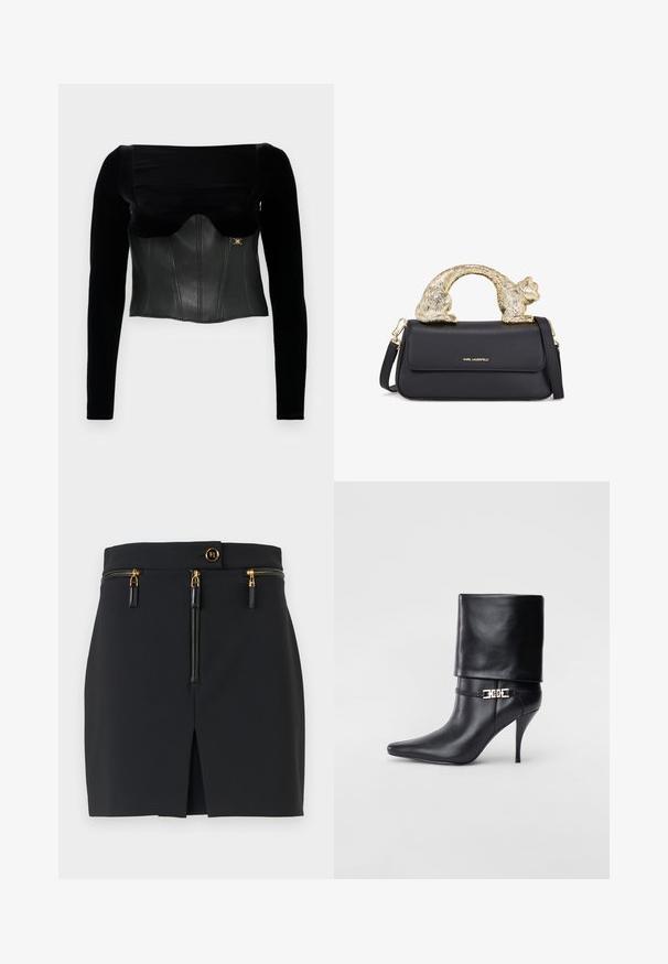 Mustapaita, jossa on pitkät hihat ja rakenteellinen nahkainen vartalo-osa, jossa on sileä pinta, leveä pääntie ja kultainen yksityiskohta sivussa.; Musta lyhyt hame, jossa on strukturoitu muotoilu. Hameessa on kultaisia yksityiskohtia, kaksi vetoketjullista taskua ja etureikä lisäyksityiskohtana.; Musta nahkasaapas nilkkapituudella, teräväkärkinen, korkea stiletto-korko, käännettävä varsi ja kultainen koristeellinen solki nilkassa.; Musta nahkakäsi, jossa on kultainen kissanmuotoinen kahva, etuohjauslaukku, säädettävä hihna ja logotunnus alaosassa.