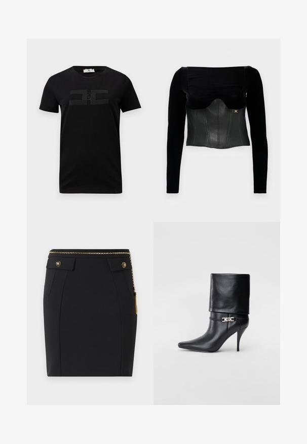 Černý dlouhý rukáv top s strukturovaným koženým korzetem s hladkým povrchem, širokým výstřihem a zlatým akcentem na boku.; Černé bavlněné tričko s krátkým rukávem a kulatým výstřihem, s tonálním logem na hrudi. Hladká textura a klasický střih.; Černá přiléhavá sukně s předními kapsami s klopou, zlatými dekorativními knoflíky a tenkým zlatým řetízkem s třásní na pravé straně.; Černé kožené kotníkové boty s špičatou špičkou, vysokým stiletto podpatkem, ohrnovací manžetou a zlatým ozdobným přezkovým detailem na kotníku.
