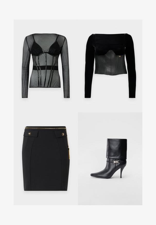 Czarna bluzka z długim rękawem z lekko usztywnioną skórzaną częścią górną o gładkiej fakturze, szerokim dekoltem i złotym akcentem z boku.; Czarny, siateczkowy top z długim rękawem z wbudowanym czarnym biustonoszem, o dopasowanym kroju, półprzezroczystej fakturze i błyszczących czarnych akcentach.; Czarna dopasowana spódnica z przednimi kieszeniami klapami, złotymi dekoracyjnymi guzikami oraz cienkim złotym paskiem z frędzelkiem po prawej stronie.; Czarne skórzane botki za kostkę z ostrym noskiem, wysokim obcasem w kształcie stiletto, z załamanym mankietem oraz złotym dekoracyjnym zapięciem na kostce.