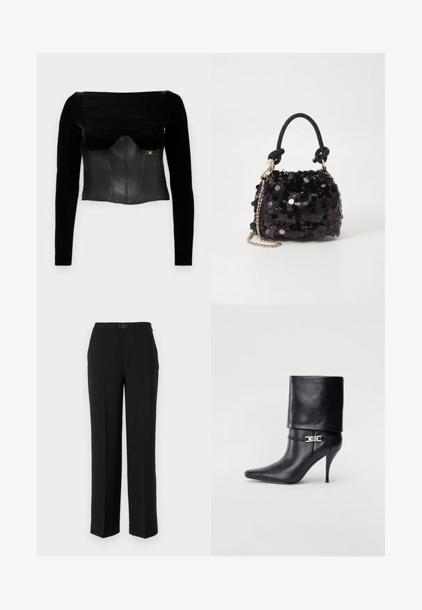 Černý dlouhý rukáv top s strukturovaným koženým korzetem s hladkým povrchem, širokým výstřihem a zlatým akcentem na boku.; Černé kalhoty na míru vyrobené z hladkého materiálu, s rovnou nohavicí, páskem se zdobnou stříbrnou sponou a bez viditelných vzorů.; Černé kožené kotníkové boty s špičatou špičkou, vysokým stiletto podpatkem, ohrnovací manžetou a zlatým ozdobným přezkovým detailem na kotníku.; Černá mini kabelka s flitry, s uzlovým texturovaným popruhem a stříbrným řetízkem. Zaoblený tvar s nařaseným vrchem a reflexními detaily.