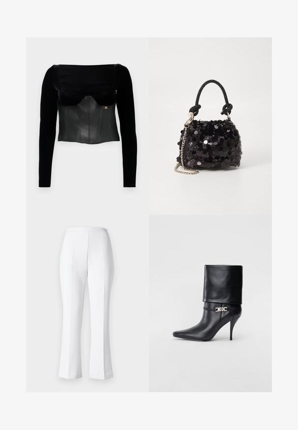 Črn dolgrokavnik z oblikovanim usnjenim telesom z gladko teksturo, širokim izrezom in zlatim dodatkom ob strani.; Bela krojena hlače z ravnim krojem, ki imajo gladko teksturo, subtilne pliskove in čist dizajn pasu.; Črne usnjene gležnjarje z ostrim nosom, visokim stiletto peto, zavihanim robom in zlatim okrasnim zaponko na gležnju.; Črna mini torbica s palčkami iz bleščic, z vozlanim teksturiranim trakom in srebrnima verigama. Okrogla oblika z nabranim vrhom in odsevnimi detajli.