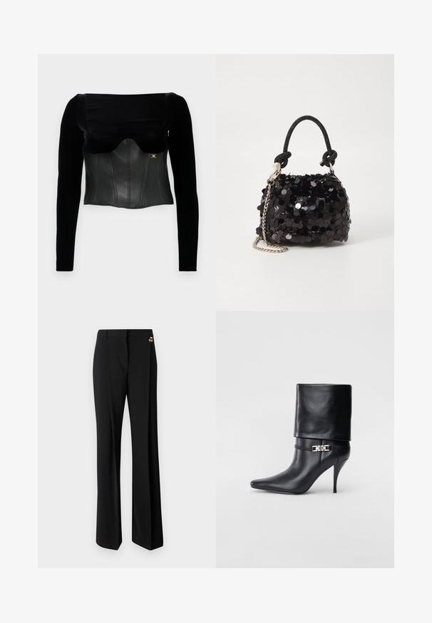 Melnas garām piedurknēm veidotas blūzes, kurai ir strukturēts ādas korpuss ar gludu tekstūru, platais kakls un zelta akcenti sānos.; Melnas platas kājbikses, kas izgatavotas no gludas auduma, ar pielāgotu dizainu un zelta detalēm jostasvietā.; Melnas ādas potīšu zābaki ar smailu purngalu, augstu stiletto papēdi, salocītu aproci un zeltītu dekoratīvu sprādzi uz potītes.; Melna spīguļota mini rokas soma ar mezglotu teksturētu siksniņu un sudraba ķēdi. Apaļa forma ar sakopotām malām un atstarojumu detaļām.