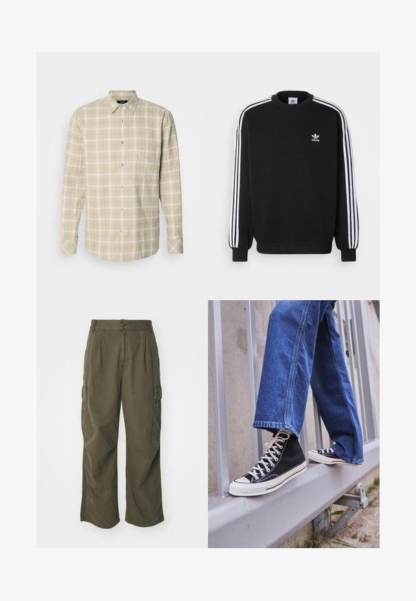 Zwarte sweatshirt met een witte drie-strepen ontwerp op de mouwen, ronde hals, geribde manchetten en een klein wit Adidas logo op de borst.; Mads Nørgaard ALASKA CHECK SUNE SHIRT - Overhemd - vanilla ice/silver sage; Navy blauwe katoenen T-shirt met een ronde halslijn en korte mouwen. Heeft een eenvoudig ontwerp zonder patronen of versieringen.; Cargo broek in olijfgroen, gemaakt van katoen, met een wijd broekontwerp, plooien en zijzakken voor utility.; Zwarte hoge sneakers met witte zool en veters, gecombineerd met losse blauwe denim jeans, rustend op een grijze leuning.