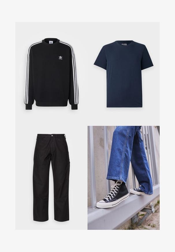 Mustapaita, jossa valkoinen kolmiraidallinen muotoilu hihoissa, pyöreä kaula-aukko, ribbireunukset ja pieni valkoinen Adidas-logo rinnassa.; T-paita tummansinisestä puuvillasta, jossa on pyöreä kaula-aukko ja lyhyet hihat. Ominaisuuksina yksinkertainen malli ilman kuvioita tai koristeluja.; Mustat puuvillahousut suoran lahkeen designilla, joissa on napin suljenta ja etutaskut. Sujuva pinta, ilman näkyviä kuvioita tai yksityiskohtia.; Mustat high-top tennarit valkoisella pohjalla ja nauhoilla, yhdistettynä väljään sinisiin farkkuihin, lepäävät harmaalla kaiteella.