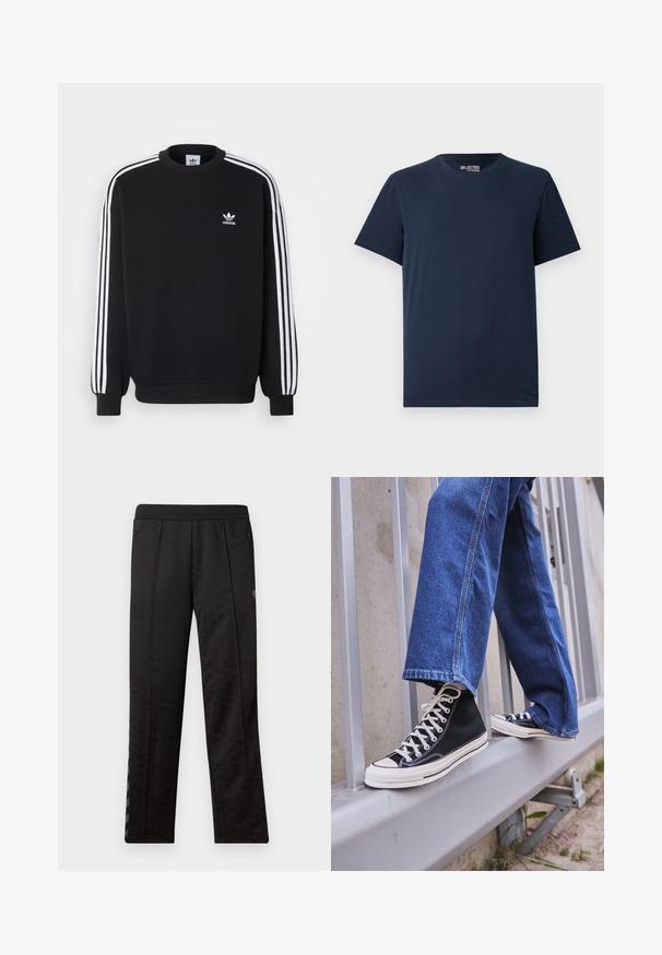 Zwarte sweatshirt met een witte drie-strepen ontwerp op de mouwen, ronde hals, geribde manchetten en een klein wit Adidas logo op de borst.; Navy blauwe katoenen T-shirt met een ronde halslijn en korte mouwen. Heeft een eenvoudig ontwerp zonder patronen of versieringen.; Zwarte sportbroek met een gestructureerd patroon, elastische tailleband, twee ritszakken aan de zijkanten en verticale strepen langs de zijkanten.; Zwarte hoge sneakers met witte zool en veters, gecombineerd met losse blauwe denim jeans, rustend op een grijze leuning.