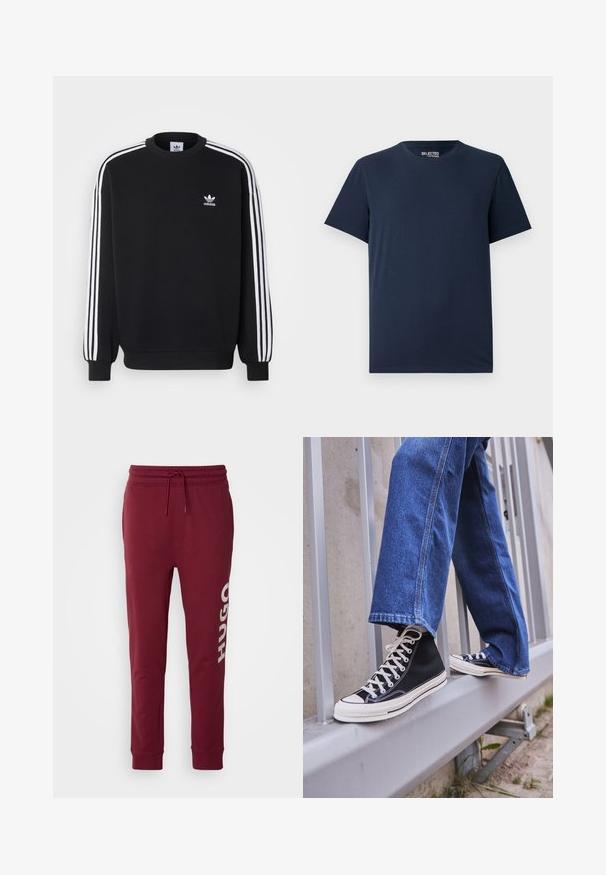 Mustapaita, jossa valkoinen kolmiraidallinen muotoilu hihoissa, pyöreä kaula-aukko, ribbireunukset ja pieni valkoinen Adidas-logo rinnassa.; T-paita tummansinisestä puuvillasta, jossa on pyöreä kaula-aukko ja lyhyet hihat. Ominaisuuksina yksinkertainen malli ilman kuvioita tai koristeluja.; HUGO DUTSCHI - Verryttelyhousut - dark pink; Mustat high-top tennarit valkoisella pohjalla ja nauhoilla, yhdistettynä väljään sinisiin farkkuihin, lepäävät harmaalla kaiteella.