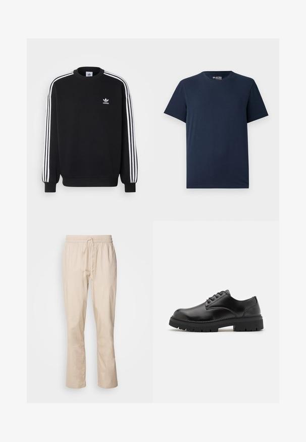 Fekete pulóver fehér háromsávos mintával az ujjakon, kerek nyakkal, bordás mandzsettákkal, és kis fehér Adidas logóval a mellkasán.; Tengerészkék pamut póló kerek nyakkivágással és rövid ujjakkal. Egyszerű dizájnnal rendelkezik, minta vagy díszítés nélkül.; Világos bézs színű, lazább szabású nadrág, elasztikus derékkal és zsinórral. Sima textúrájú, enyhén szűkülő lábakkal, látható minták vagy fémalkatrészek nélkül.; Fekete bőrcipő, lekerekített orral, fűzős kialakítással és vastag, texturált gumitalppal. Az élek mentén varrás található, és sima felülete van.