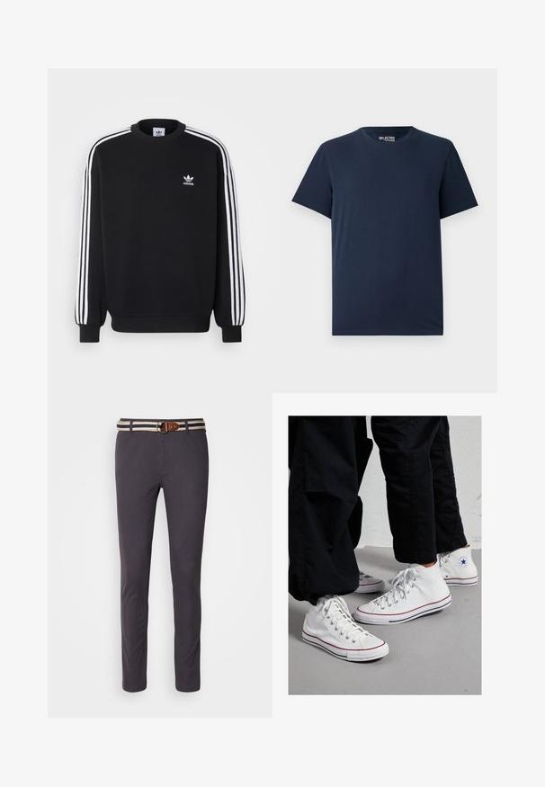 Crna dukserica s bijelim trostrukim prugama na rukavima, okrugli izrez, rebrasti rukavi i mali bijeli Adidas logo na prsima.; Tamno plavi pamučni T-shirt s okruglim izrezom i kratkim rukavima. Ima jednostavan dizajn bez uzoraka ili ukrasa.; Tamno sivi chinos s uskim krojem, s prugastim tekstilnim remenom s okruglom metalnom kopčom i smeškim kožnim detaljima.; Bijele platnene visoke tenisice s gumenim potplatom, koje imaju srebrne rešetke i crvene i mornarsko plave pruge duž potplata.