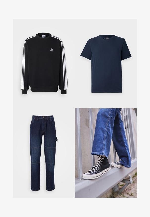 Schwarzer Sweatshirt mit weißem Dreistreifen-Design an den Ärmeln, Rundhalsausschnitt, gerippten Bündchen und kleinem weißen Adidas-Logo auf der Brust.; Dunkelblaues Baumwoll-T-Shirt mit rundem Halsausschnitt und kurzen Ärmeln. Hat ein schlichtes Design ohne Muster oder Verzierungen.; Dunkelblaue Denim-Hosen mit geradem Beinschnitt, ausgestattet mit zwei Vordertaschen, sichtbaren Nähten und einem seitlichen Etikett für funktionale Details.; Schwarze High-Top-Sneaker mit weißer Sohle und Schnürsenkeln, kombiniert mit lockeren blauen Jeans, die auf einem grauen Geländer ruhen.