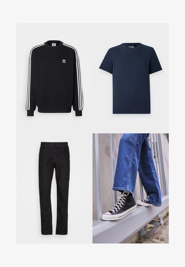 Sweatshirt noir avec design à trois rayures blanches sur les manches, col rond, poignets côtelés, et petit logo Adidas blanc sur la poitrine.; T-shirt en coton bleu marine avec un col rond et des manches courtes. Présente un design simple sans motifs ni embellissements.; Jean en denim noir avec une coupe droite, cinq poches, fermeture par bouton et zip, présentant une finition texturée subtile.; Baskets montantes noires avec semelle et lacets blancs, associées à un jean en denim bleu décontracté, reposant sur un garde-corps gris.
