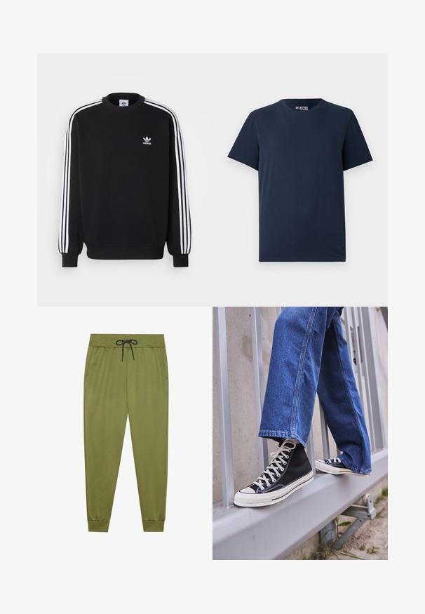 Black sweatshirt with white three-stripe design on sleeves, round neck, ribbed cuffs, and small white Adidas logo on chest.; Navy blue cotton T-shirt with a round neckline and short sleeves. Features a simple design with no patterns or embellishments.; Olive green sweatpants with an elastic waistband, black drawstring, side pockets, and ribbed cuffs at the ankles. Smooth texture.; Black high-top sneakers with white sole and laces, paired with loose blue denim jeans, resting on a gray railing.