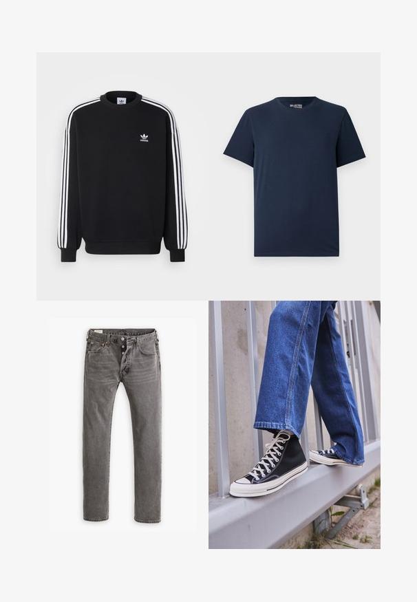 Felpa nera con design a tre strisce bianche sulle maniche, colletto rotondo, polsini a coste e piccolo logo Adidas bianco sul petto.; T-shirt di cotone blu navy con scollatura rotonda e maniche corte. Presenta un design semplice senza motivi o decorazioni.; Jeans in denim grigio con taglio dritto, chiusura con bottoni, design a cinque tasche e cuciture arancioni lungo le cuciture.; Scarpe da ginnastica nere alte con suola e lacci bianchi, abbinate a jeans di denim blu larghi, appoggiate su un parapetto grigio.