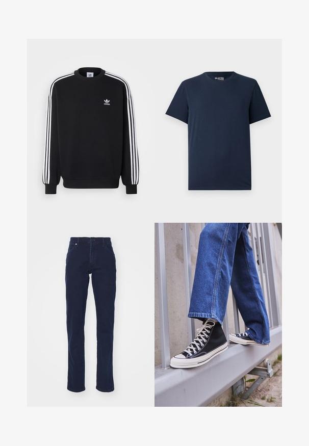 Črna majica s kapuco z belim trakom s tremi črtami na rokavih, okroglo ovratnico, rebrastimi manšetami in majhnim belim logotipom Adidas na prsih.; Temno modra bombažna majica s krožnim izrezom in kratkimi rokavi. Ima preprost dizajn brez vzorcev ali okrasitev.; Mornarsko modri traper hlače z ravnim krojem, sprednjimi žepi in gumbom za zapiranje. Imajo gladko teksturo in minimalne šive.; Črne visoke teniske z belim podplatom in vezalkami, v kombinaciji z ohlapnimi modrimi džinsom, naslonjene na sivo ograjo.