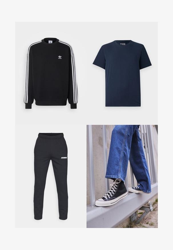Czarna bluza z białym wzorem trzech pasków na rękawach, okrągły dekolt, ściśnięte mankiety i małe białe logo Adidas na piersi.; Granatowa bawełniana koszulka z okrągłym dekoltem i krótkimi rękawami. Posiada prosty design bez wzorów i ozdób.; Hummel - Spodnie treningowe; Czarne sneakersy za kostkę z białą podeszwą i sznurówkami, w połączeniu z luźnymi niebieskimi dżinsami, opierające się na szarym balustradzie.