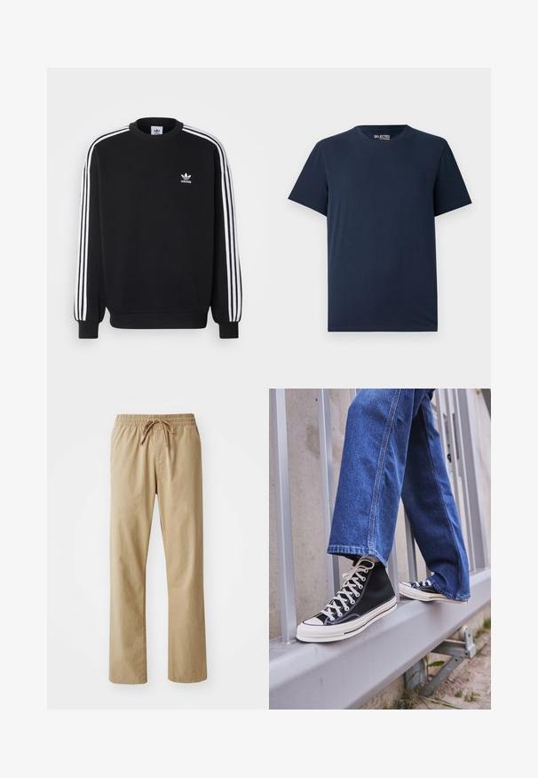 Zwarte sweatshirt met een witte drie-strepen ontwerp op de mouwen, ronde hals, geribde manchetten en een klein wit Adidas logo op de borst.; Navy blauwe katoenen T-shirt met een ronde halslijn en korte mouwen. Heeft een eenvoudig ontwerp zonder patronen of versieringen.; Lichtbeige broek met een elastische tailleband en trekkoord. Gemaakt van zachte stof, met rechte pijpen en een gladde textuur.; Zwarte hoge sneakers met witte zool en veters, gecombineerd met losse blauwe denim jeans, rustend op een grijze leuning.