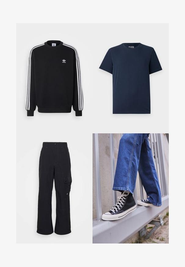 Musta särk, millel on valge kolme triibu disain varrukatel, ümmargune kaelus, soonikääred ja väike valge Adidas logo rinnal.; Tumed sinine puuvillane T-särk ümmarguse kaelusega ja lühikeste varrukatega. Omab lihtsat disaini ilma mustrite või kaunistusteta.; Mustad mustadest kangast püksid, millel on laiad jalad, nähtavad õmblused ja küljekott, millel on nööbikinnitus.; Mustad mustade kõrgete tossudega, millel on valge tallaga ja valged paelad, koos vaba sinise denimidega, mis puhkavad hallil piiridel.