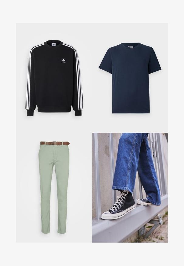Schwarzer Sweatshirt mit weißem Dreistreifen-Design an den Ärmeln, Rundhalsausschnitt, gerippten Bündchen und kleinem weißen Adidas-Logo auf der Brust.; Dunkelblaues Baumwoll-T-Shirt mit rundem Halsausschnitt und kurzen Ärmeln. Hat ein schlichtes Design ohne Muster oder Verzierungen.; Helle grüne Baumwollhosen mit geradem Bein, vorderen Taschen und einem braunen Gürtel. Glatte Textur ohne Muster.; Schwarze High-Top-Sneaker mit weißer Sohle und Schnürsenkeln, kombiniert mit lockeren blauen Jeans, die auf einem grauen Geländer ruhen.