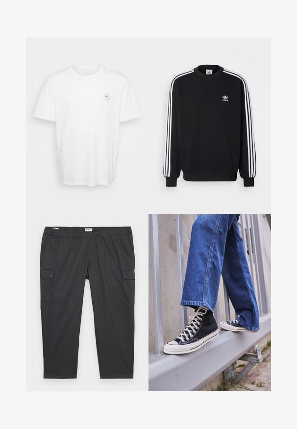 Black sweatshirt with white three-stripe design on sleeves, round neck, ribbed cuffs, and small white Adidas logo on chest.; White cotton t-shirt featuring a round neckline and short sleeves. Notable graphic design of an eye surrounded by rays on the left chest.; Black cargo pants with an elastic waistband, side pockets, and snap button accents. Made of lightweight, smooth fabric.; Black high-top sneakers with white sole and laces, paired with loose blue denim jeans, resting on a gray railing.