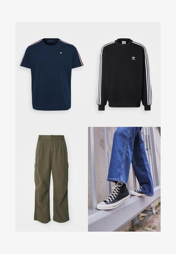 Svart hoodie med vitt tre-stripesmönster på ärmarna, rund hals, ribbade ärmslut och liten vit Adidas-logotyp på bröstet.; Mörkblå bomullströja med korta ärmar, med vita och röda ränder längs axlarna och en liten vit logga på bröstet.; Cargo-byxor i olivgrön, tillverkade av bomull, med vid bendesign, veck och sidofickor för funktion.; Svarta högskurna sneakers med vit sula och snören, tillsammans med lösa blå jeans, vilande på ett grått räcke.