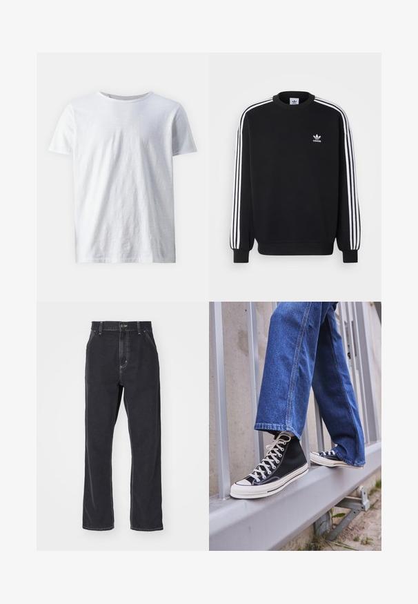 Fekete pulóver fehér háromsávos mintával az ujjakon, kerek nyakkal, bordás mandzsettákkal, és kis fehér Adidas logóval a mellkasán.; Fehér, rövid ujjal rendelkező póló könnyű anyagból. Kerek nyakkivágás sima textúrával, látható minták vagy díszítések nélkül.; Fekete farmernadrág egyenes szárú szabással, cipzáras záródással, öt zsebbel és kontrasztos varrással az illesztéseknél.; Fekete magasszárú sportcipők fehér talppal és fűzővel, laza kék farmernadrággal párosítva, egy szürke korlát tetején pihenve.