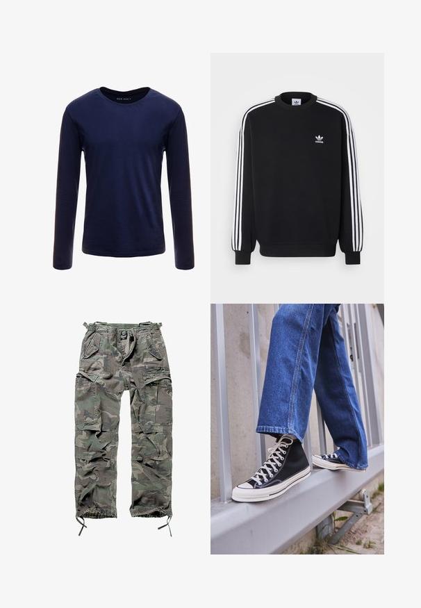 Czarna bluza z białym wzorem trzech pasków na rękawach, okrągły dekolt, ściśnięte mankiety i małe białe logo Adidas na piersi.; Granatowa, długorękawowa koszulka wykonana z miękkiej bawełny, z klasycznym okrągłym dekoltem i gładką teksturą, bez widocznych wzorów czy akcentów.; Spodnie cargo w kamuflażu w odcieniach zieleni i szarości, z wieloma kieszeniami, elastycznym paskiem w talii, regulowanymi mankietami przy kostkach oraz luźnym krojem.; Czarne sneakersy za kostkę z białą podeszwą i sznurówkami, w połączeniu z luźnymi niebieskimi dżinsami, opierające się na szarym balustradzie.