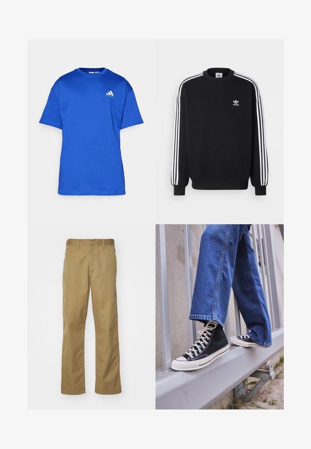 Mustapaita, jossa valkoinen kolmiraidallinen muotoilu hihoissa, pyöreä kaula-aukko, ribbireunukset ja pieni valkoinen Adidas-logo rinnassa.; Lyhythihainen sininen puuvillapaita, jossa on pyöreä kaula-aukko ja valkoinen korostuslogo vasemmassa rintaosassa. Sujuva tekstuuri, normaali istuvuus.; Khaki chinot, joissa on suora lahje ja jotka on valmistettu sileästä puuvillakankaasta. Ominaisuuksiin kuuluu edessä nappisuljenta ja sivutaskut.; Mustat high-top tennarit valkoisella pohjalla ja nauhoilla, yhdistettynä väljään sinisiin farkkuihin, lepäävät harmaalla kaiteella.