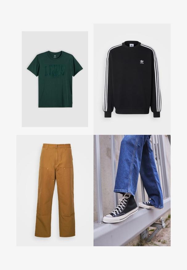 Sudadera negra con diseño de tres rayas blancas en las mangas, cuello redondo, puños acanalados y pequeño logo blanco de Adidas en el pecho.; Camiseta de algodón verde oscuro con mangas cortas, que presenta un logo texturizado de LEVI'S en un verde más oscuro, cuello redondo y dobladillo recto.; Pantalones utilitarios de algodón marrón con un diseño de pierna recta, que cuentan con bolsillos frontales y acentos de metal para mayor durabilidad.; Zapatillas de deporte negras de caña alta con suela y cordones blancos, combinadas con unos vaqueros de denim azul holgados, apoyadas en una barandilla gris.