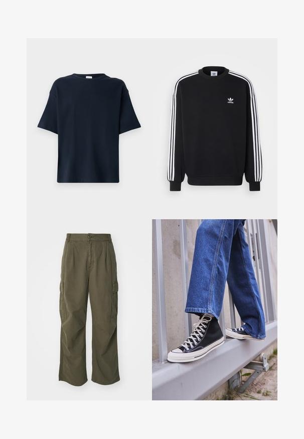 Fekete pulóver fehér háromsávos mintával az ujjakon, kerek nyakkal, bordás mandzsettákkal, és kis fehér Adidas logóval a mellkasán.; Sötétkék, rövid ujjú póló sima anyagból, kerek nyakkivágással és laza szabással, további díszítések vagy minták nélkül.; Olívazöld cargo nadrág, pamutból készült, széles lábú kialakítással, plisszírozással és oldalsó zsebekkel a funkcionalitás érdekében.; Fekete magasszárú sportcipők fehér talppal és fűzővel, laza kék farmernadrággal párosítva, egy szürke korlát tetején pihenve.