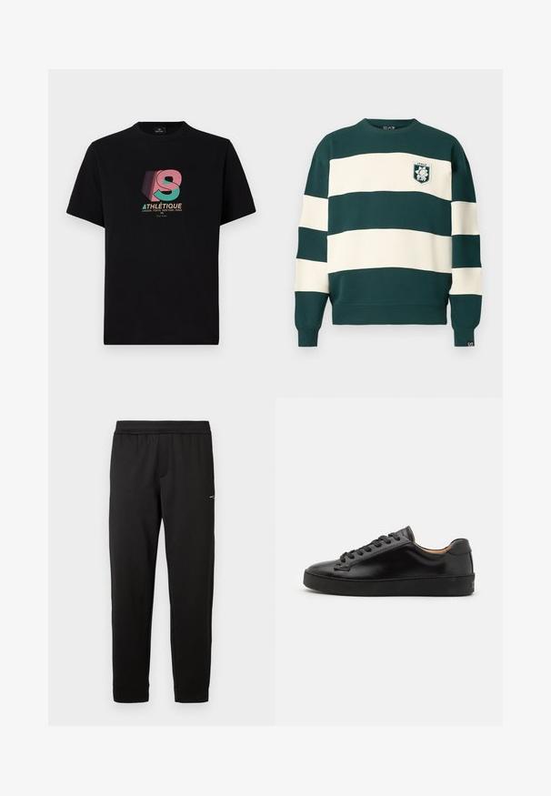 Tamsiai žalia ir balta dryžuota ilgomis rankovėmis palaidinė su "Italy EA7" ženklu ant krūtinės ir mažu EA7 žymekliu ant rankovės.; Juodas medvilninis marškinėliai trumpomis rankovėmis su spalvinga grafika, kurioje parašyta "ATHLÉTIQUE" ir stilizuotas "S" priekyje.; Juodi sportiniai džinsai su elastingu juosmeniu, siaurėjantys kojų, su mažos logo viršutiniame šlaunies gale, rodomi ant balto fono.; Juodas odinis sportinis batelis su lygiu paviršiumi, apvaliu bato pirštu ir juodomis raištelėmis. Yra minimalus prekės ženklas ant kulno ir guminis padas.
