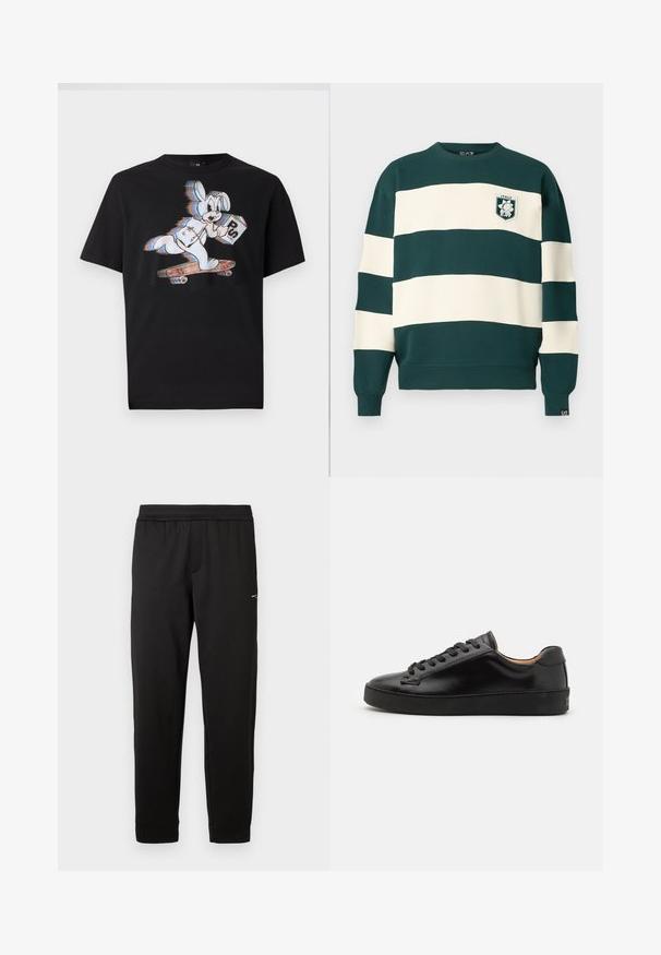 Mørkegrønn og hvitstripet genser med lange ermer, med "Italia EA7" merke på brystet og liten EA7-lapp på mansjetten.; Svart bomull T-skjorte med grafikk av en tegneseriekanin på en skateboard, som holder en boks merket "PS." Kortermet og med rund hals.; Svart treningbukse med elastisk midje og tilnærmet smale ben, med lite logo på øvre lår, vist på hvit bakgrunn.; Sorte lærersneakers med en glat finish, rund tå og sorte snørebånd. Har minimal branding på hælen og en gummiydersål.