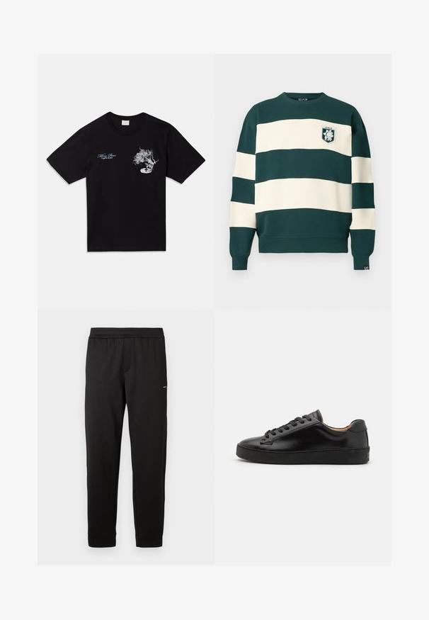 Temnozelena in bela črtasta dolga majica s kapuco z oznako "Italija EA7" na prsih in majhno oznako EA7 na manšeti.; Črna bombažna majica s kratkimi rokavi. Ima bel grafični prikaz rože in gramofona ter modro besedilo "Killing Bees" in "United By Rhythm."; Črne elastične hlače s slim prilegom in majhnim logotipom na zgornjem stegnu, prikazane na beli podlagi.; Črne usnjene superge z gladko končano površino, okroglo špico in črnimi vezalkami. Imajo minimalno blagovno znamko na peti in gumo podplat.