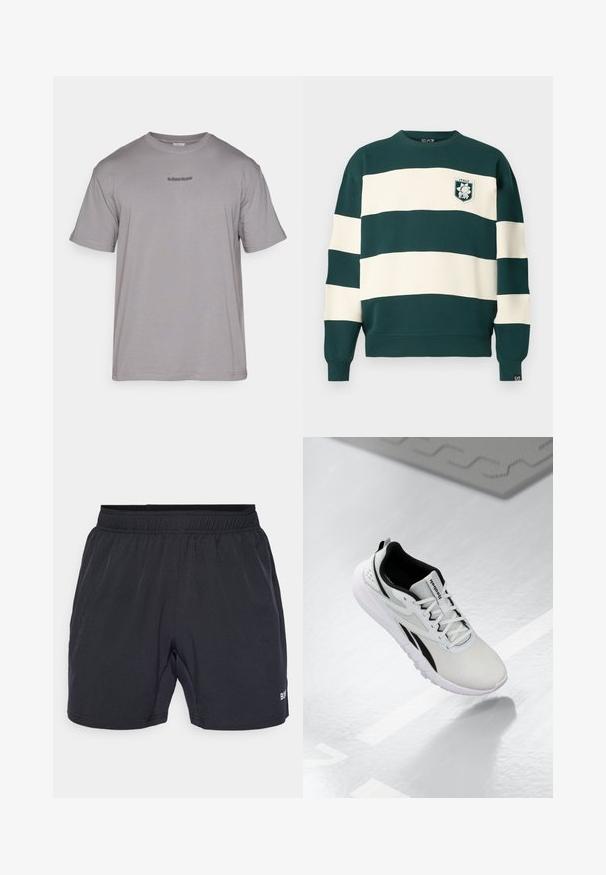 Tumši zaļš un balts svītrains garas piedurknes sporta krekls ar "Itālija EA7" emblēmu uz krūtīm un mazu EA7 birku uz piedurknes.; Pelēka kokvilnas T-kreklu ar apaļu kakla izgriezumu. Tam ir īsas piedurknes un neliels izšūts logo tumšāk pelēkā krāsā uz krūšu daļas.; Melnas šortus ar elastīgu jostu, izgatavotus no gludas, vieglas auduma, ar mazu logotipu apakšējā labajā pusē.; Gaišpelēka sporta apava ar melniem akcentiem, strukturēta sieta augšdaļa, mīkstināta zole un auklu aizdare. Iekļauj papēža vilkšanas cilpu.