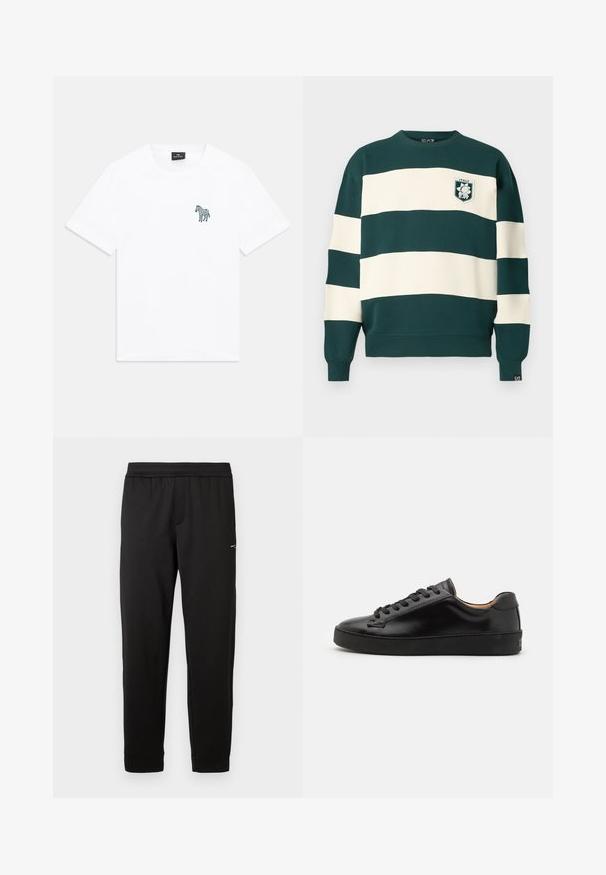 Dark green and white striped long-sleeve sweatshirt with "Italy EA7" badge on the chest and small EA7 tag on the cuff.; White short-sleeve crew neck T-shirt with a small dark zebra graphic on the left chest and a black label inside the collar.; Black elastic waistband sweatpants with slim tapered legs and small logo on upper thigh, displayed on white background.; Black leather sneaker with a smooth finish, round toe, and black laces. Features minimal branding on the heel and a rubber outsole.