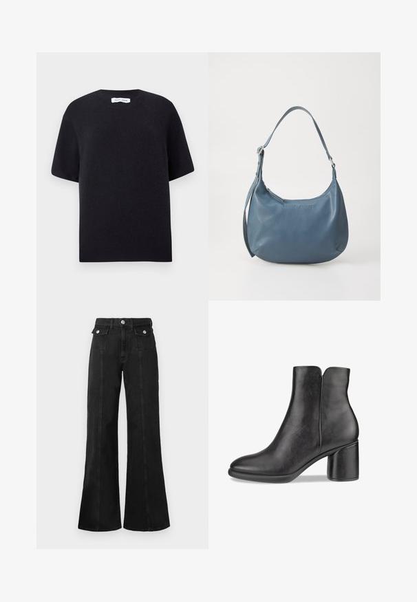 Suéter preto de malha de manga curta com decote redondo e bainha canelada. Textura suave com um corte descontraído. Design minimalista.; Jeans flare em denim preto com cintura alta, apresentando dois bolsos frontais, detalhes em metal prateado e costura visível na parte da frente.; Bota preta de couro até o tornozelo com bico arredondado, salto bloco de altura média e textura suave. Possui recorte na parte traseira e design minimalista.; Bolsa de couro azul com formato arredondado, alça única para o ombro, fecho em zíper e nome da marca em relevo na parte da frente. Textura suave.